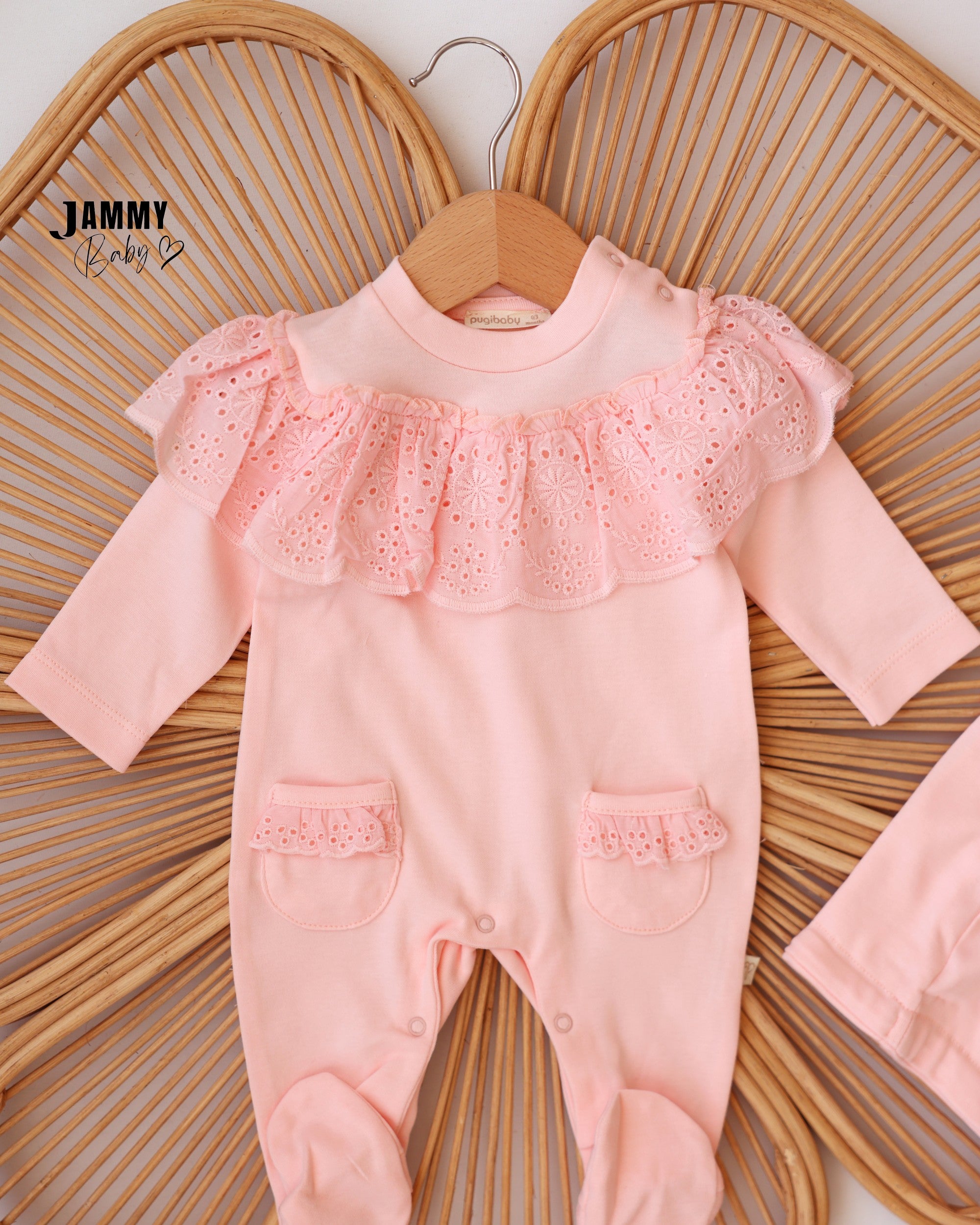 Lace Ruffle Footed Sleepsuit & Bonnet - Baby Pink