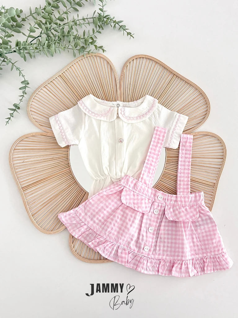 Checked Button Detail Strappy Skirt & Shirt Set – Pink