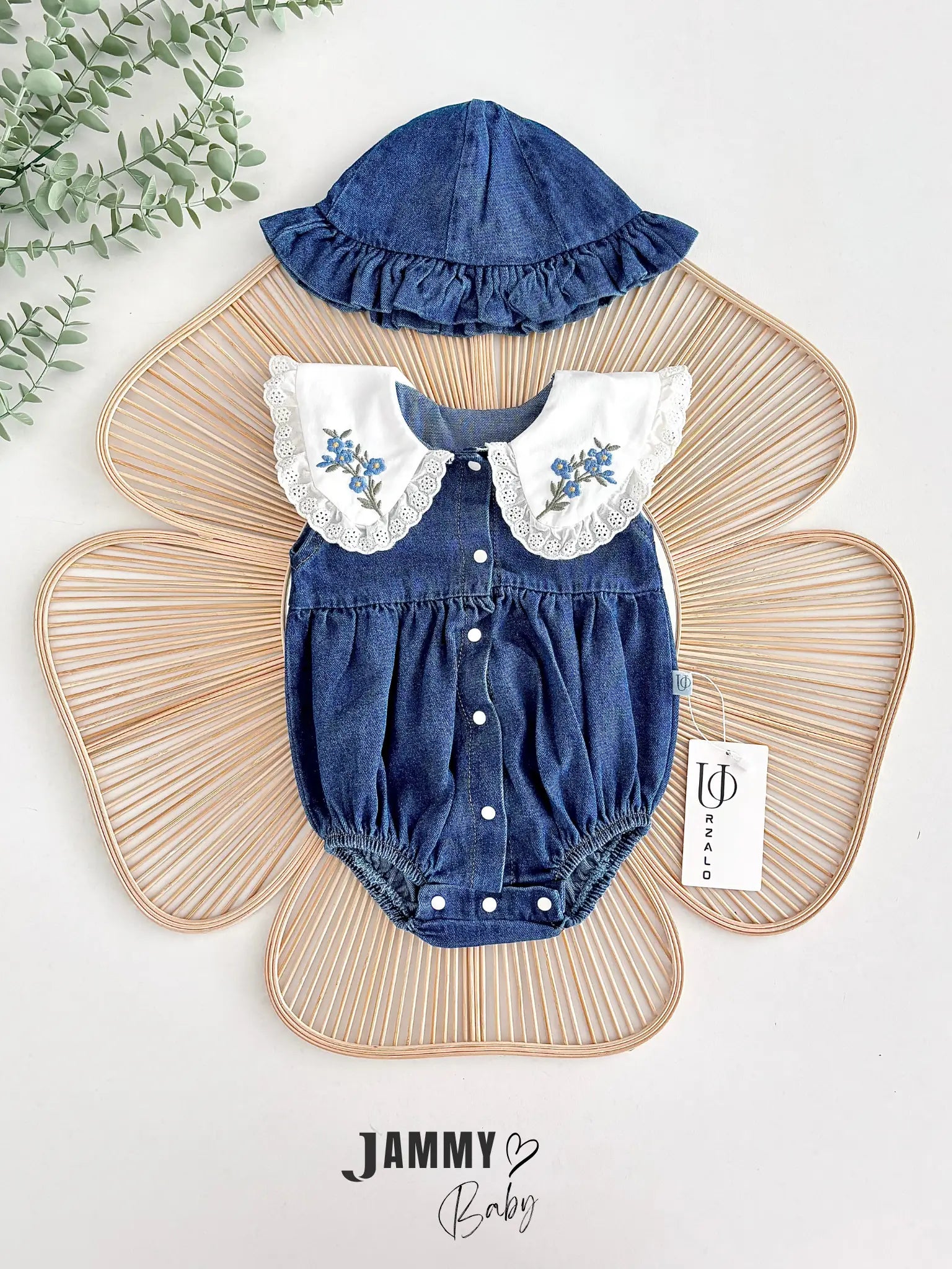 Jena Premium Vintage Embroidered Collar Lace Jean Romper and Hat Set - NAVY