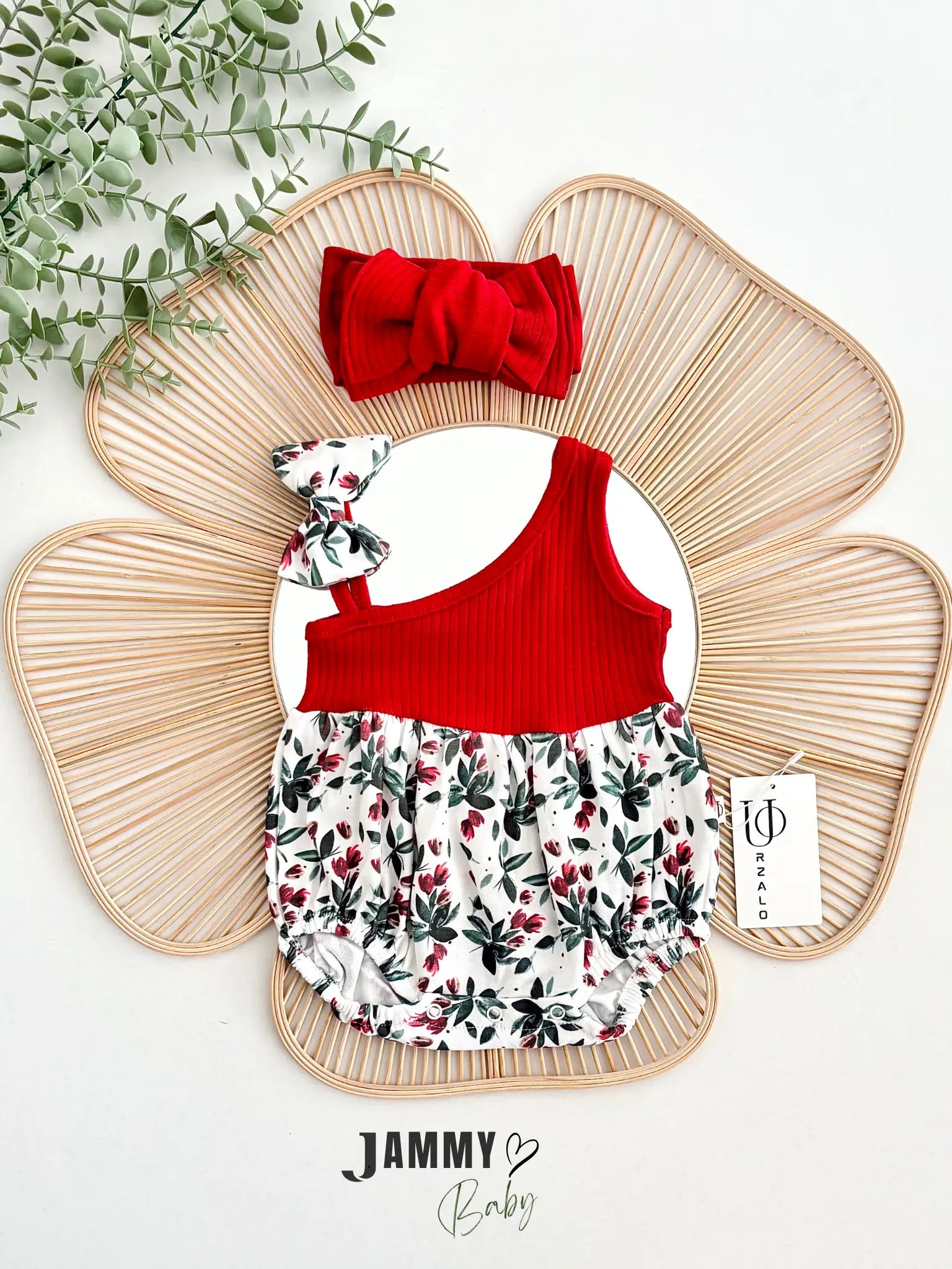 Kokina Floral Pattern One Shoulder XL Bandana Romper Set - RED