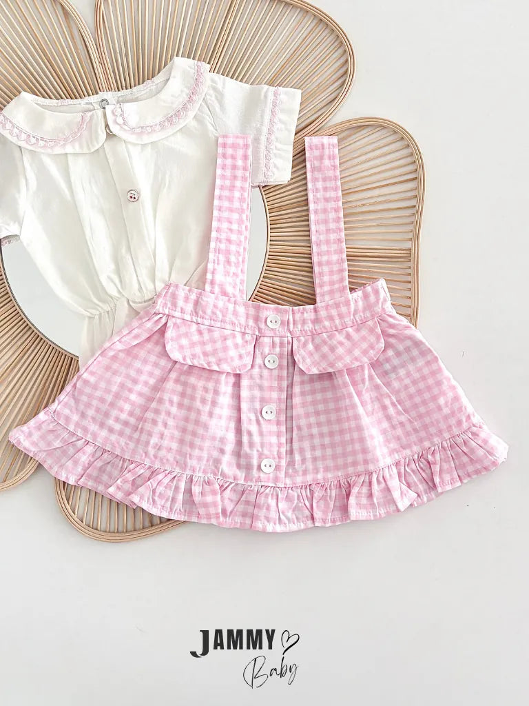 Checked Button Detail Strappy Skirt & Shirt Set – Pink