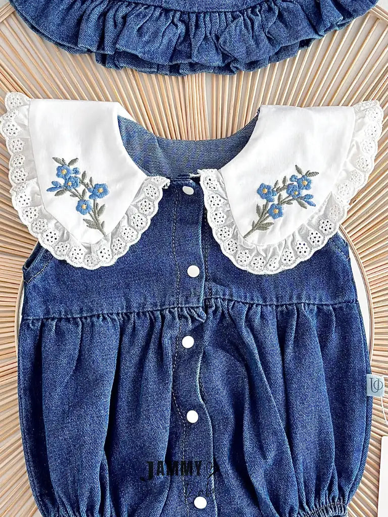 Jena Premium Vintage Embroidered Collar Lace Jean Romper and Hat Set - NAVY