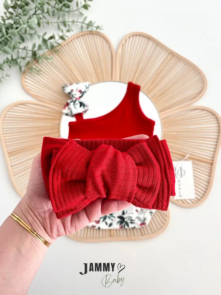 Kokina Floral Pattern One Shoulder XL Bandana Romper Set - RED