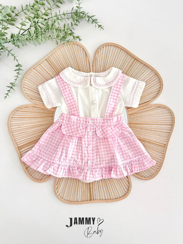 Checked Button Detail Strappy Skirt & Shirt Set – Pink