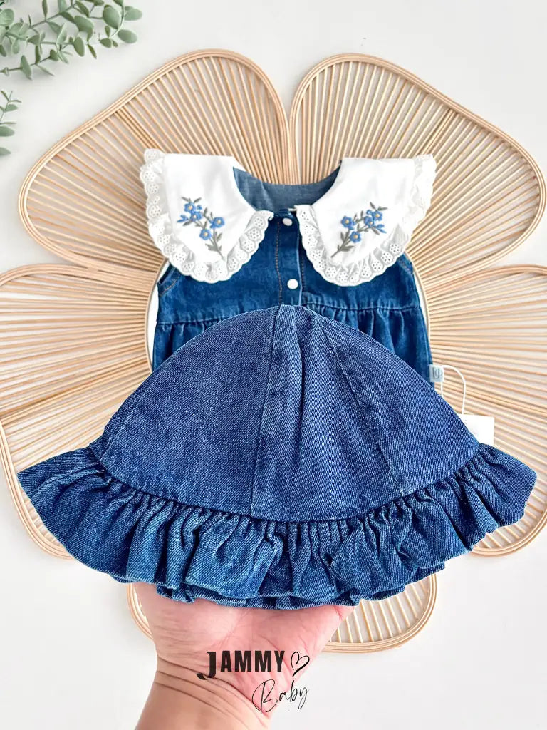 Jena Premium Vintage Embroidered Collar Lace Jean Romper and Hat Set - NAVY