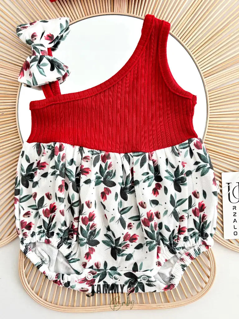 Kokina Floral Pattern One Shoulder XL Bandana Romper Set - RED