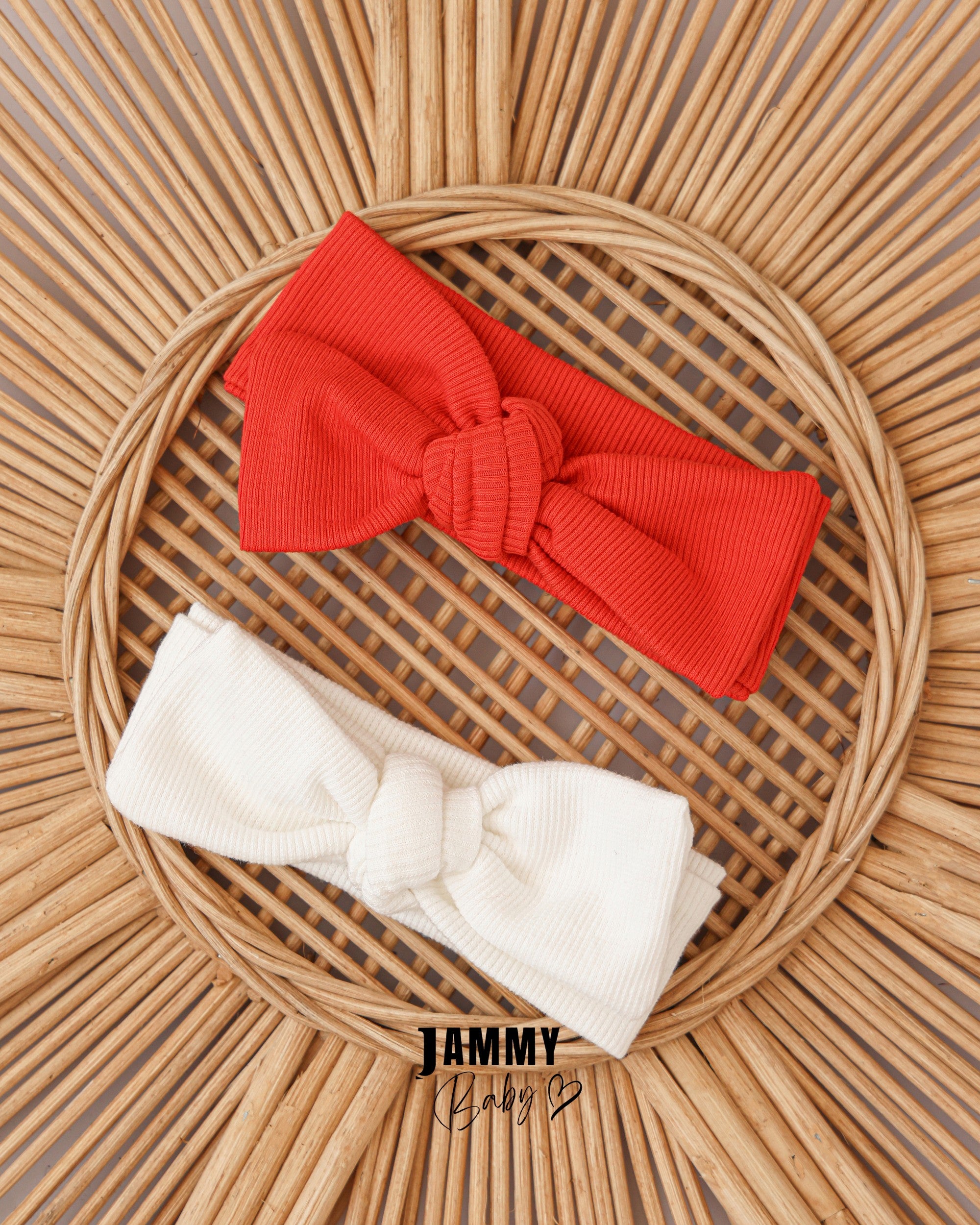 Ribbed Knot Bow Baby Headband Set – Red & White