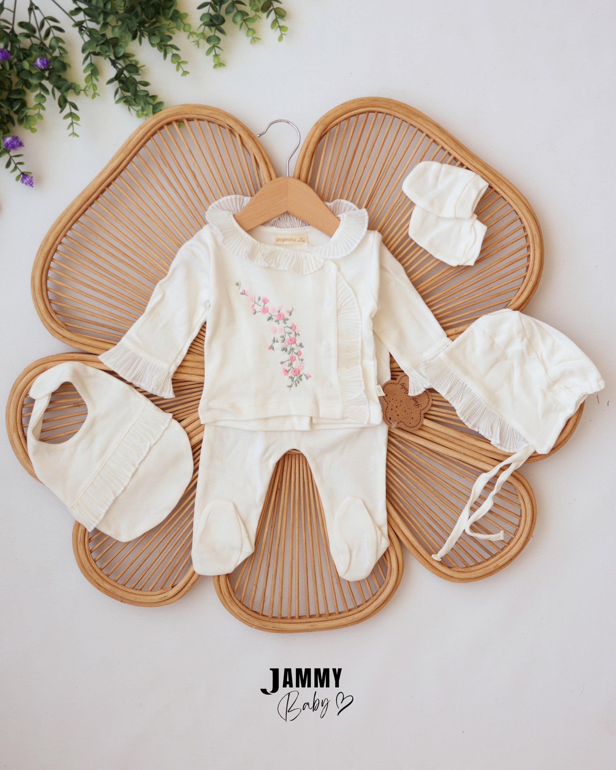 Floral Ruffle 5-Piece Baby Girl Set - Ivory