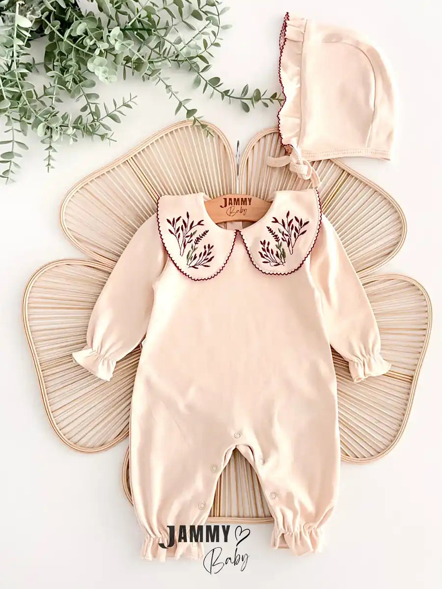 Penny Crochet Collar Romper & Hat Set - Cream