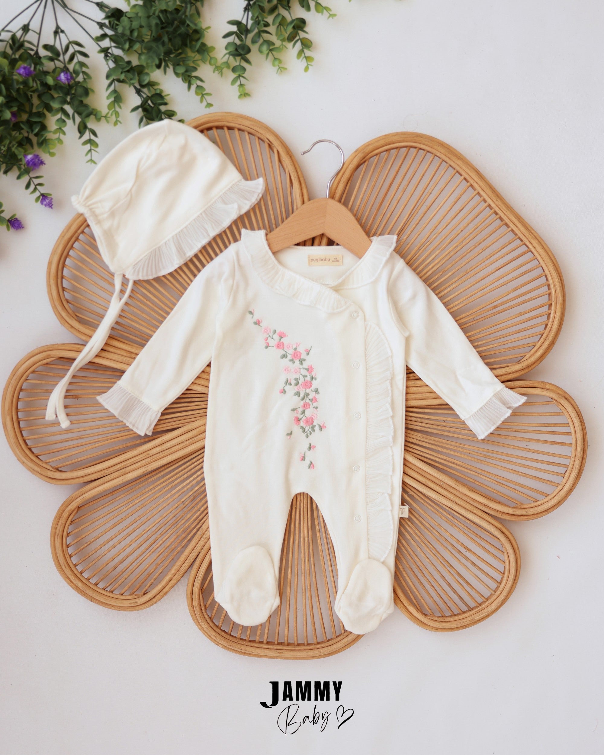 Floral Ruffle Footed Sleepsuit & Bonnet - Ivory