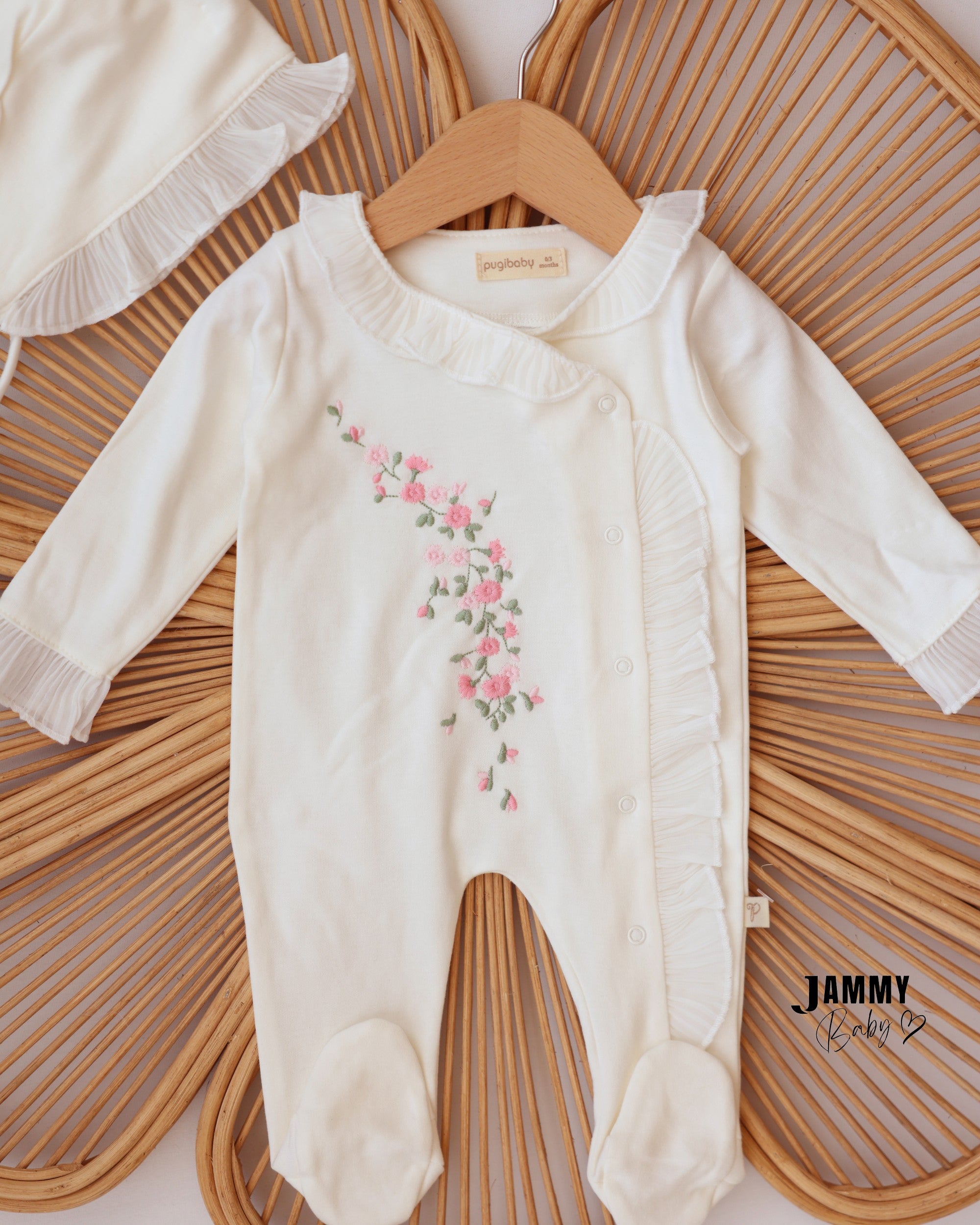 Floral Ruffle Footed Sleepsuit & Bonnet - Ivory
