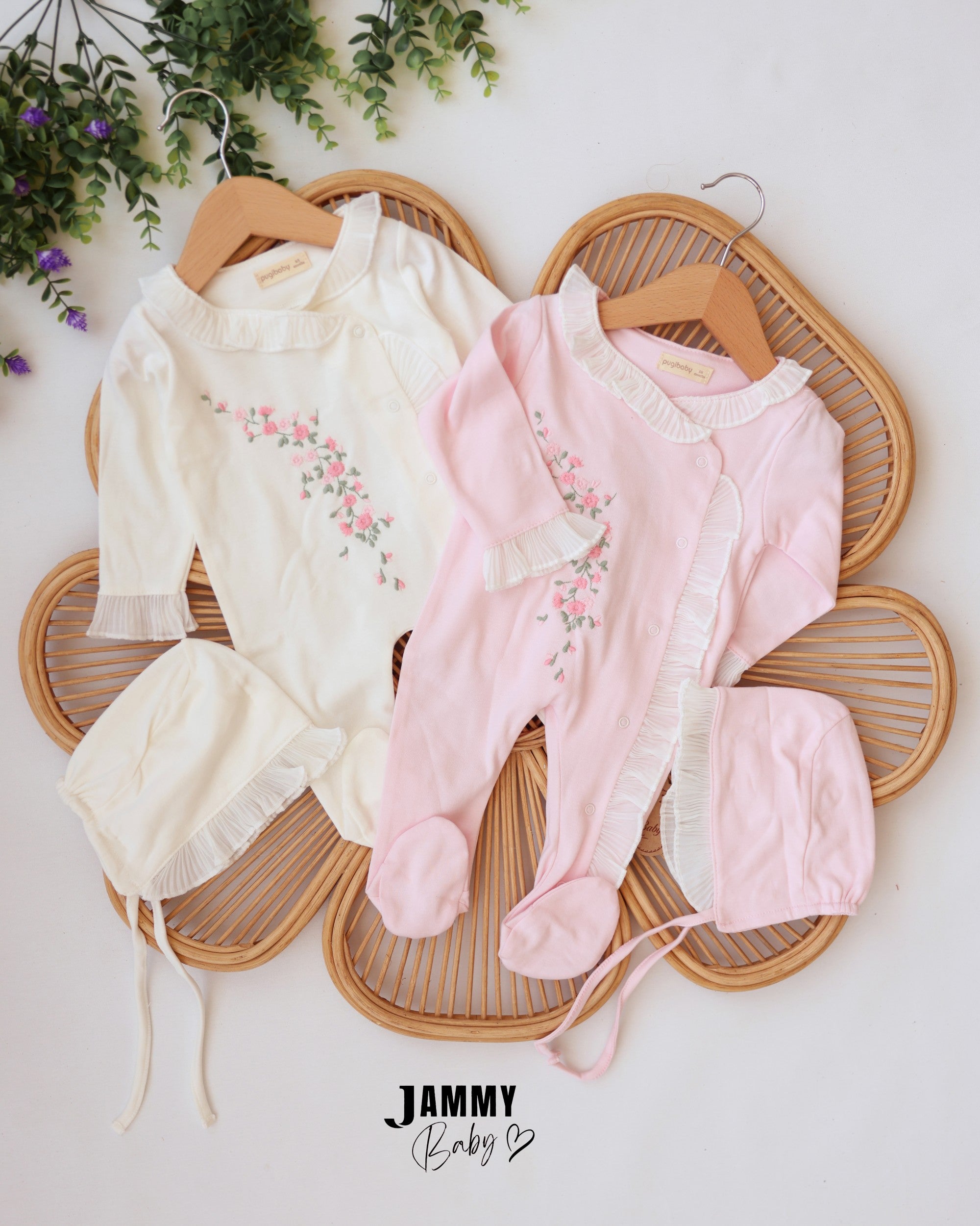 Floral Ruffle Footed Sleepsuit & Bonnet - Ivory