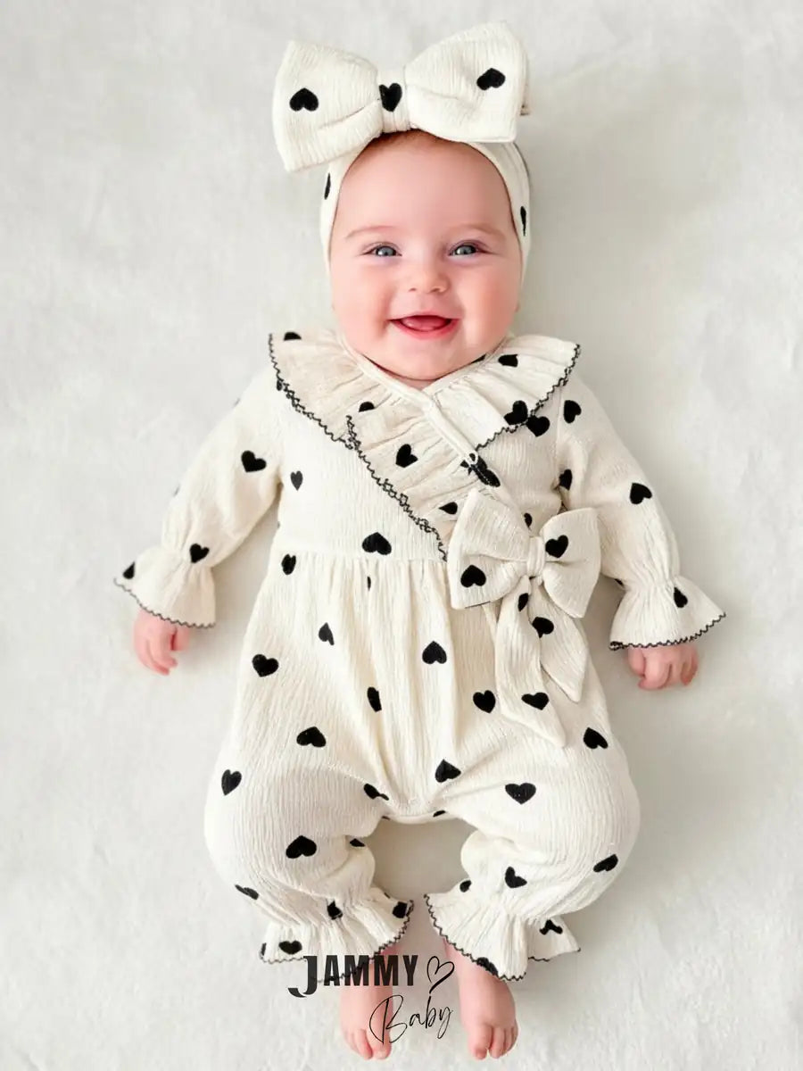 Amore Heart Pattern Crochet Premium Romper & Bandana Set -Black