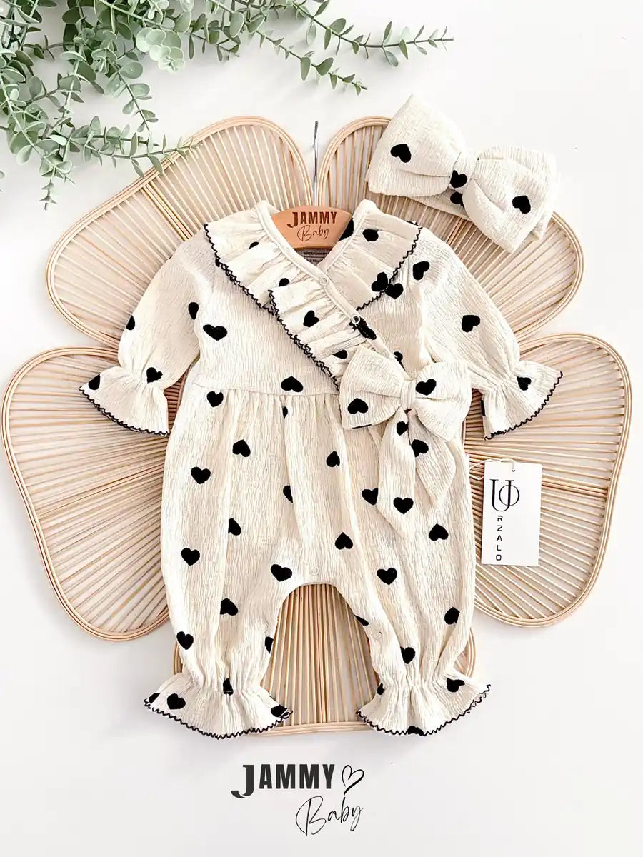 Amore Heart Pattern Crochet Premium Romper & Bandana Set -Black