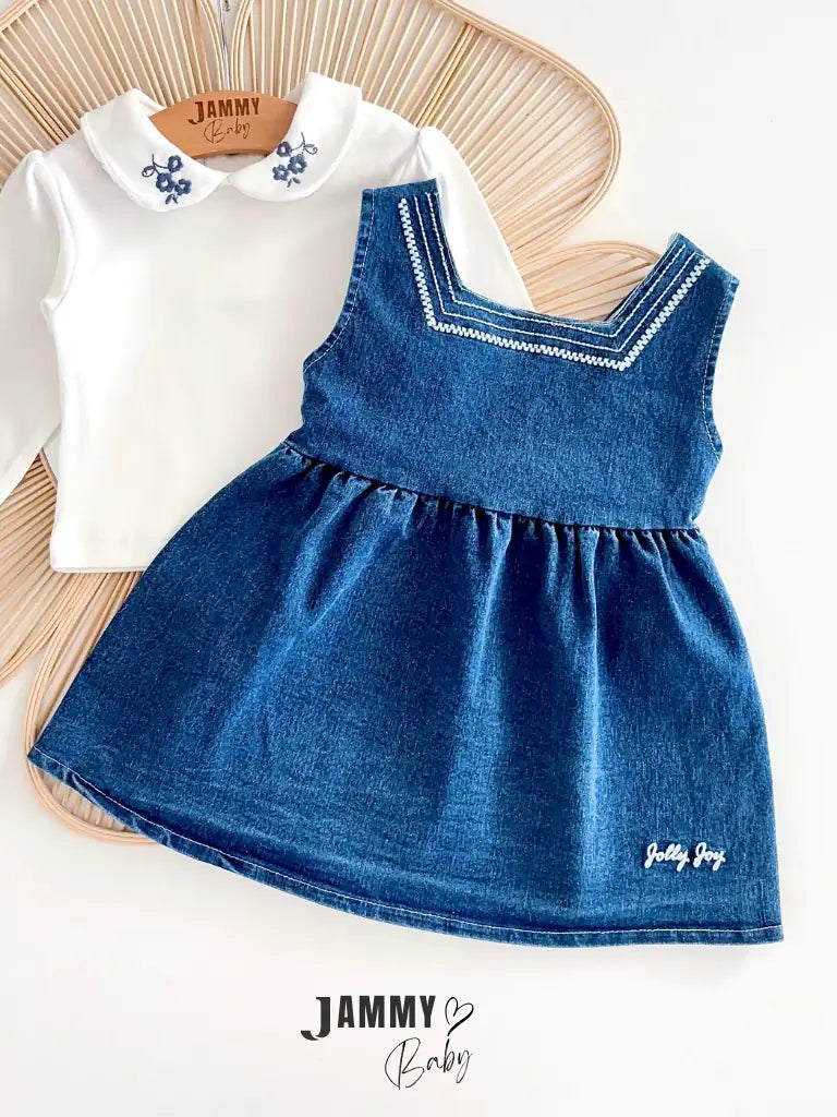 Lily Denim Pinafore Dress & Embroidered Collar Bodysuit Set – NAVY