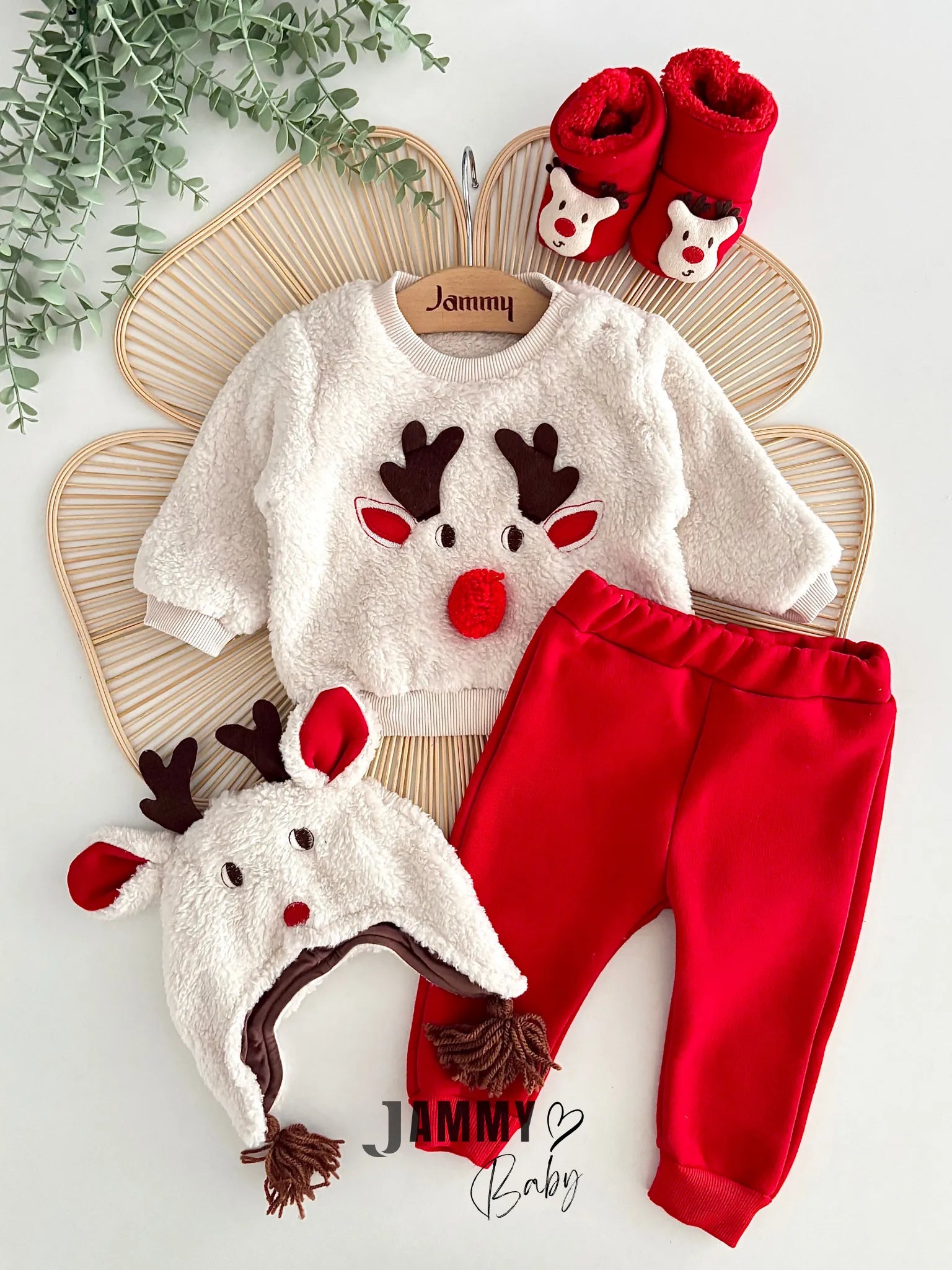 Reindeer-Themed New Year Plush Set with Hat and Booties – RED