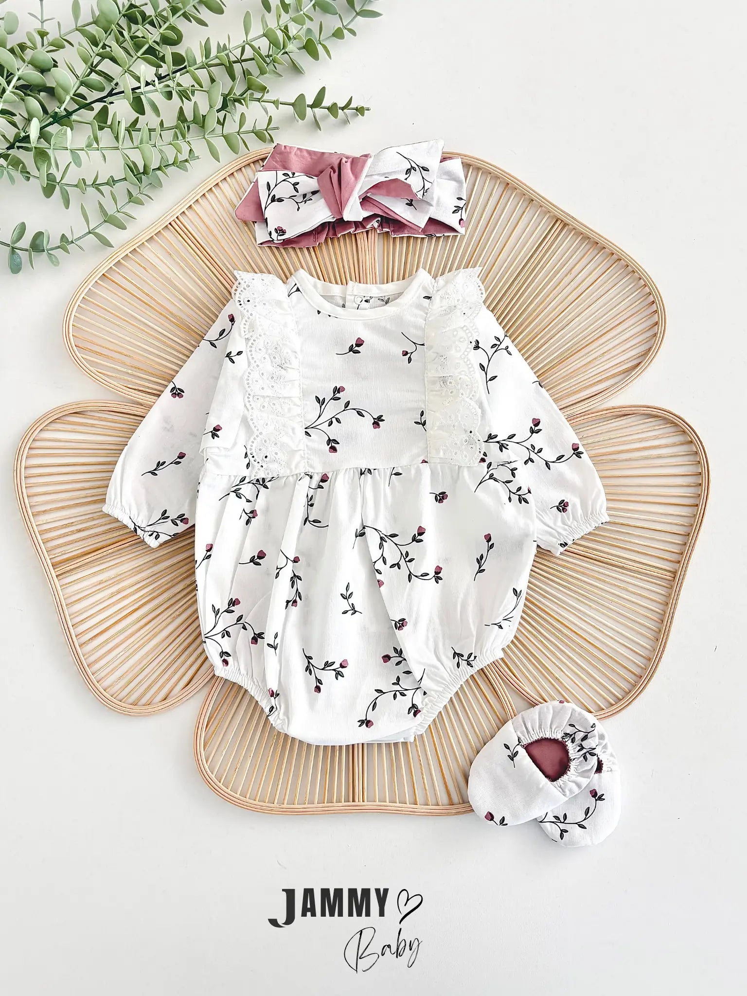 Liliya Floral Patterned Poplin Romper Set with Footies and Bandana - ROSE PINK