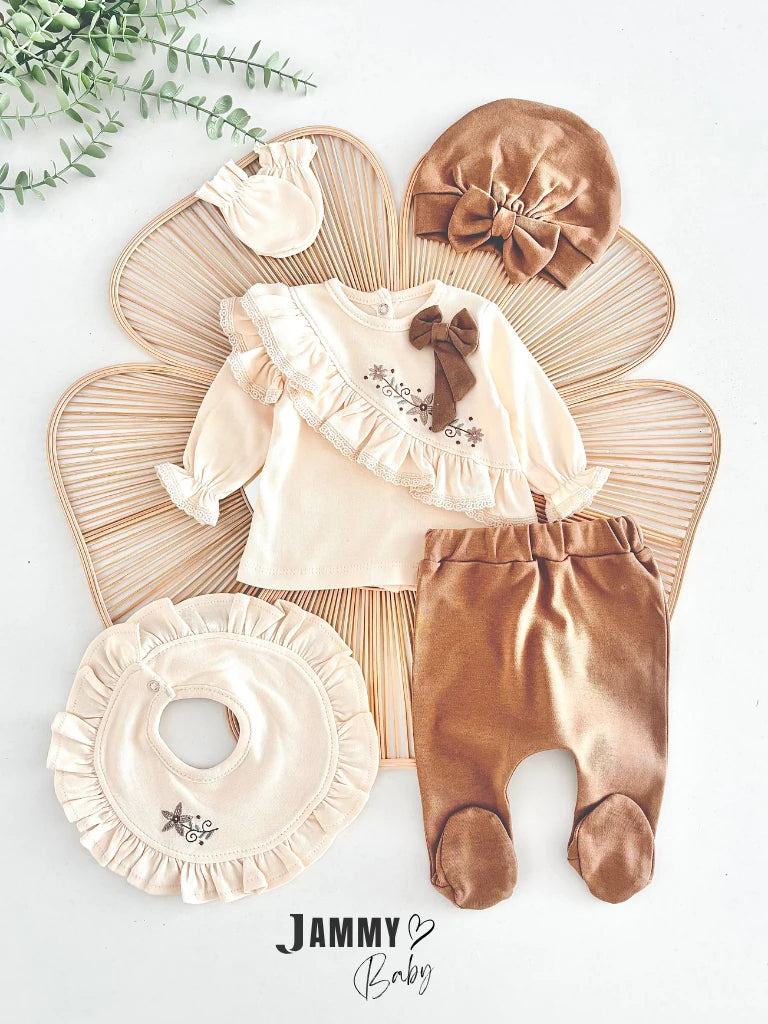 Sofia Floral Embroidered Ruffle Detail 5-Piece Newborn Set - BROWN