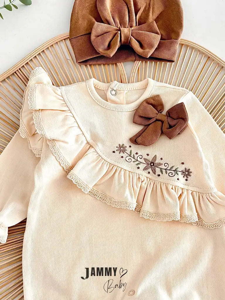 Sofia Floral Embroidered Ruffled Jumpsuit and Bow Hat Set of 2 - BROWN