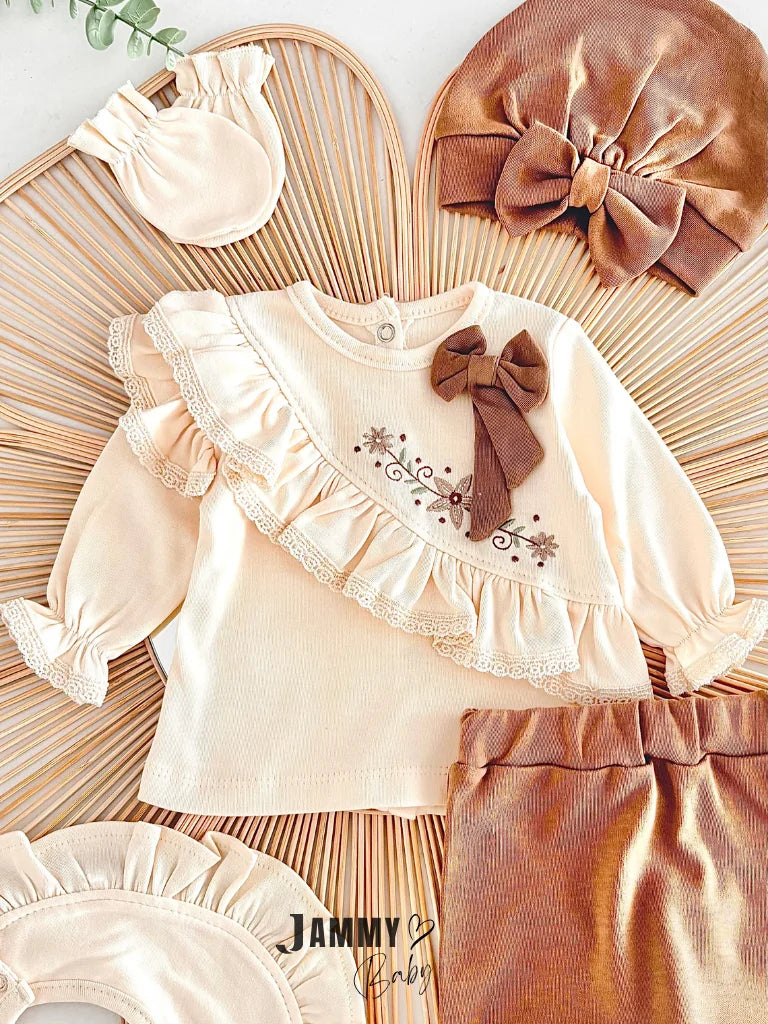 Sofia Floral Embroidered Ruffle Detail 5-Piece Newborn Set - BROWN