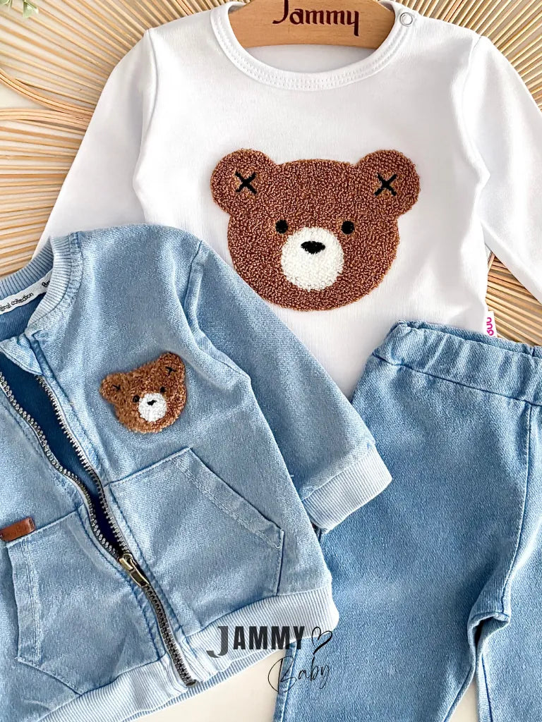 Bear Punch Embroidered 3-Piece Denim Set – BLUE