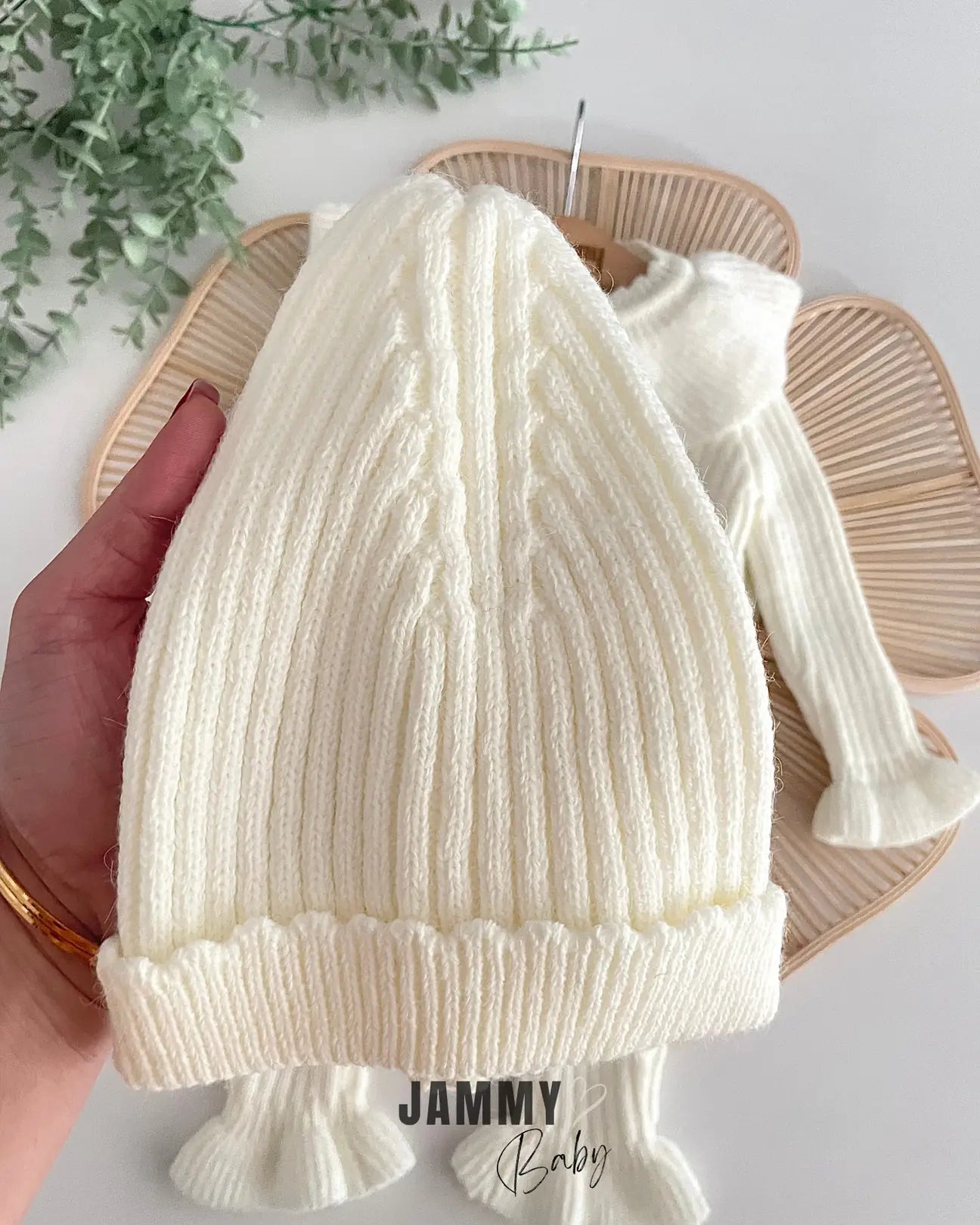 Maya Frilled Hat and Knit Overalls Set-CREAM