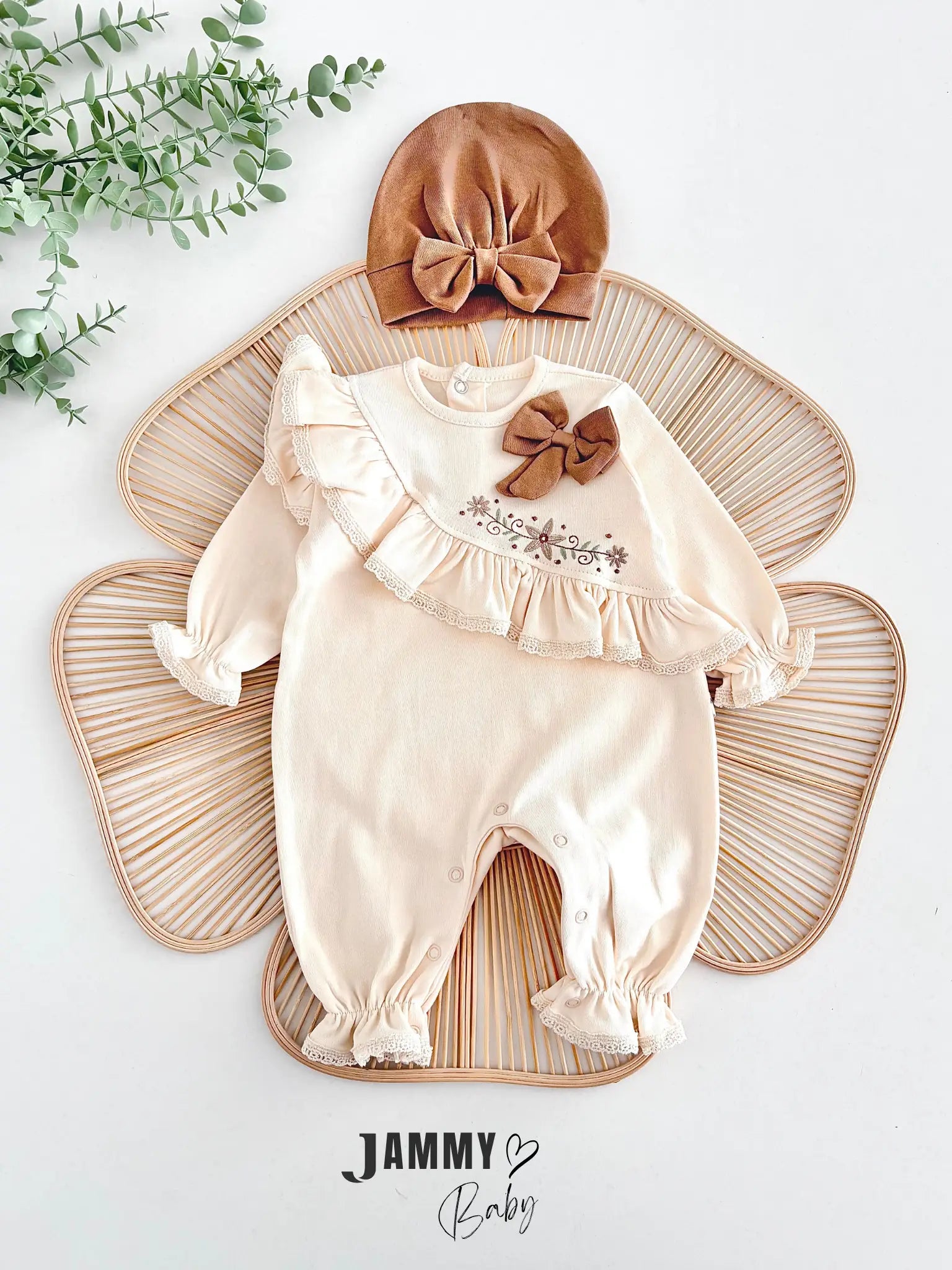 Sofia Floral Embroidered Ruffled Jumpsuit and Bow Hat Set of 2 - BROWN