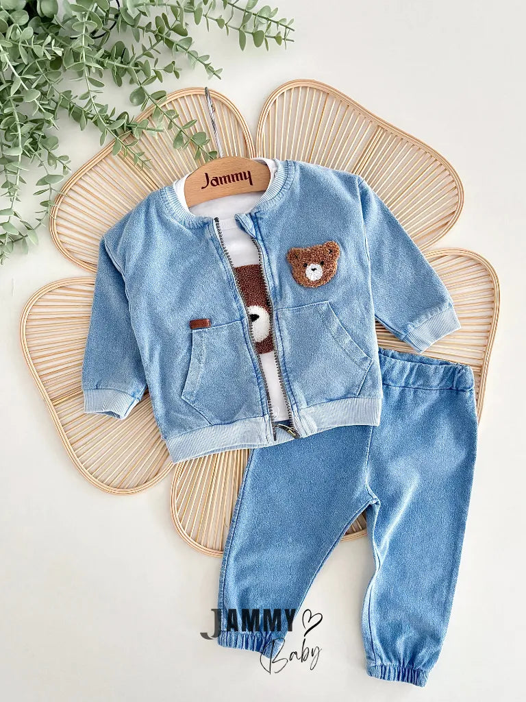 Bear Punch Embroidered 3-Piece Denim Set – BLUE