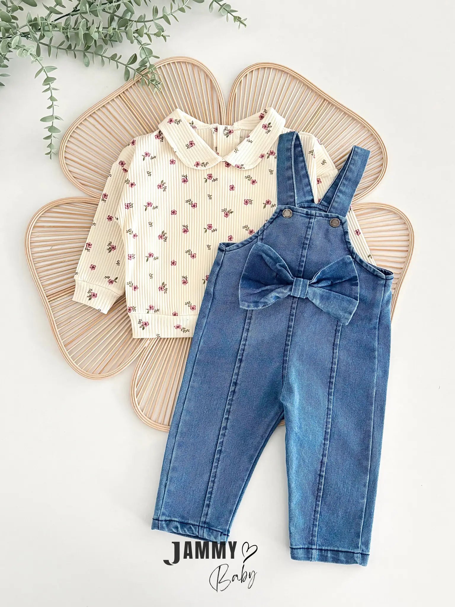 Belinda Bow Detail Denim Overalls & Bodysuit Set