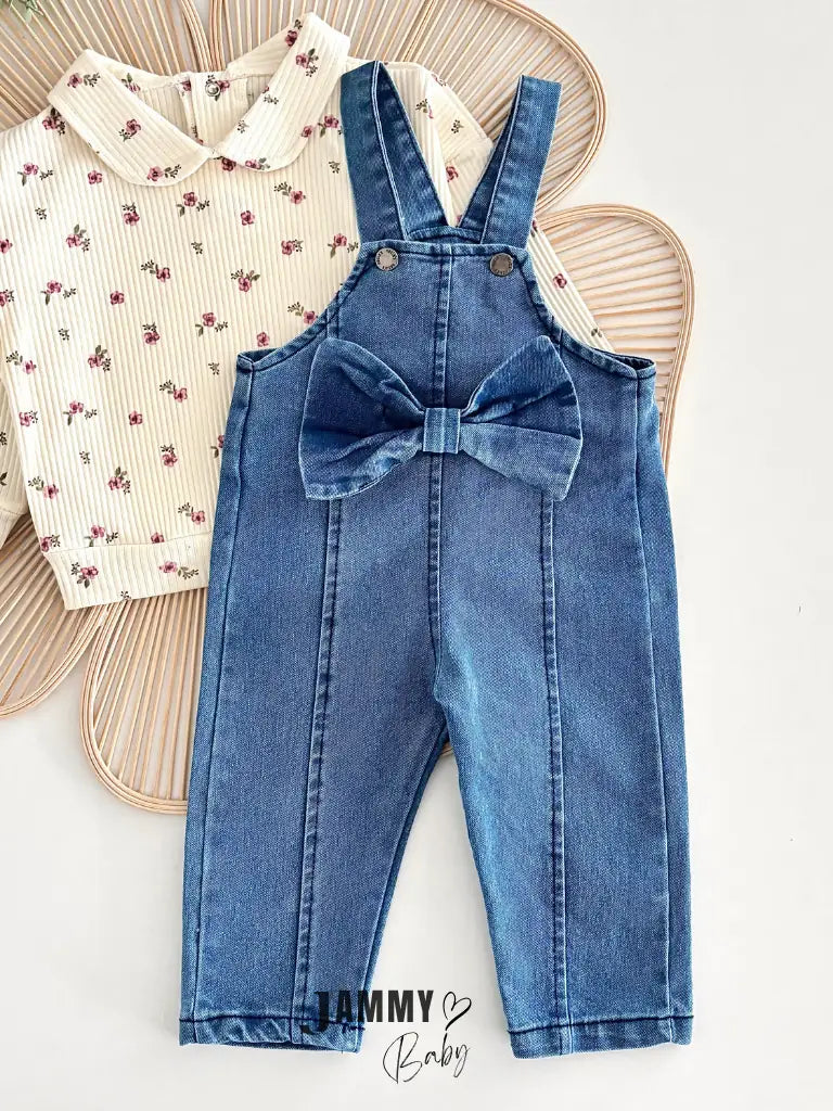Belinda Bow Detail Denim Overalls & Bodysuit Set