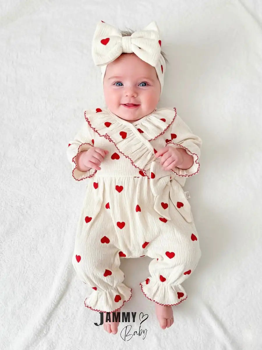 Amore Heart Pattern Crochet Premium Romper & Bandana Set - Red