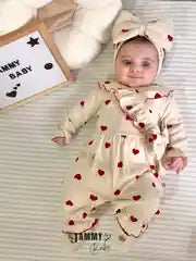 Amore Heart Pattern Crochet Premium Romper & Bandana Set - Red