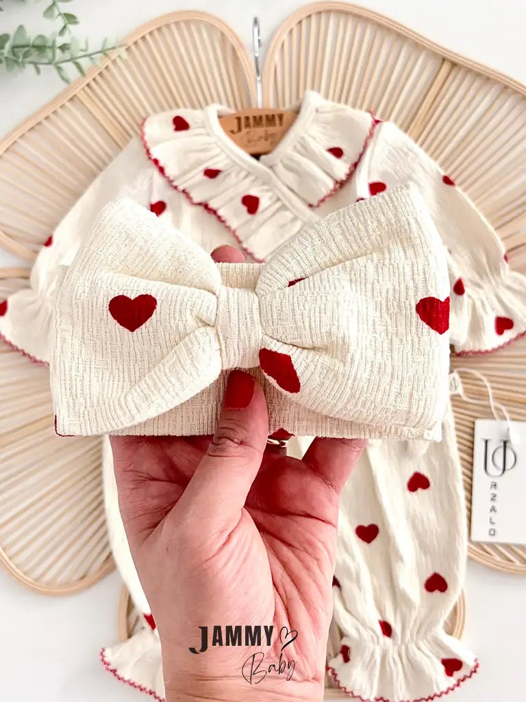 Amore Heart Pattern Crochet Premium Romper & Bandana Set - Red