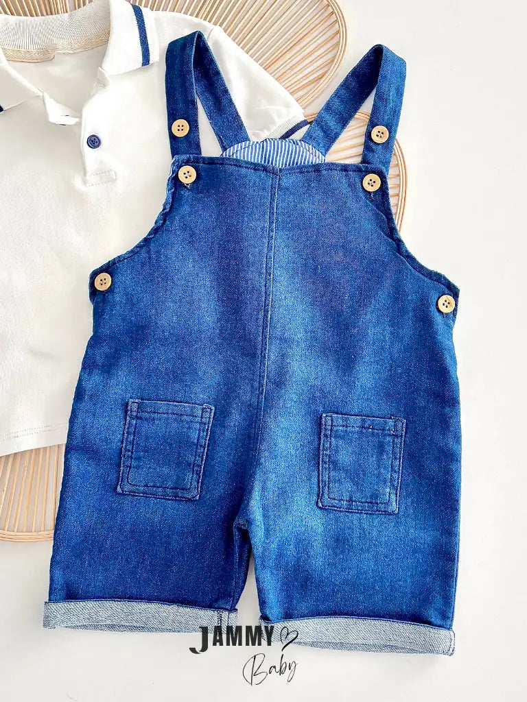 Kelvin Button Detail Denim Overalls & Bodysuit Set - DENIM