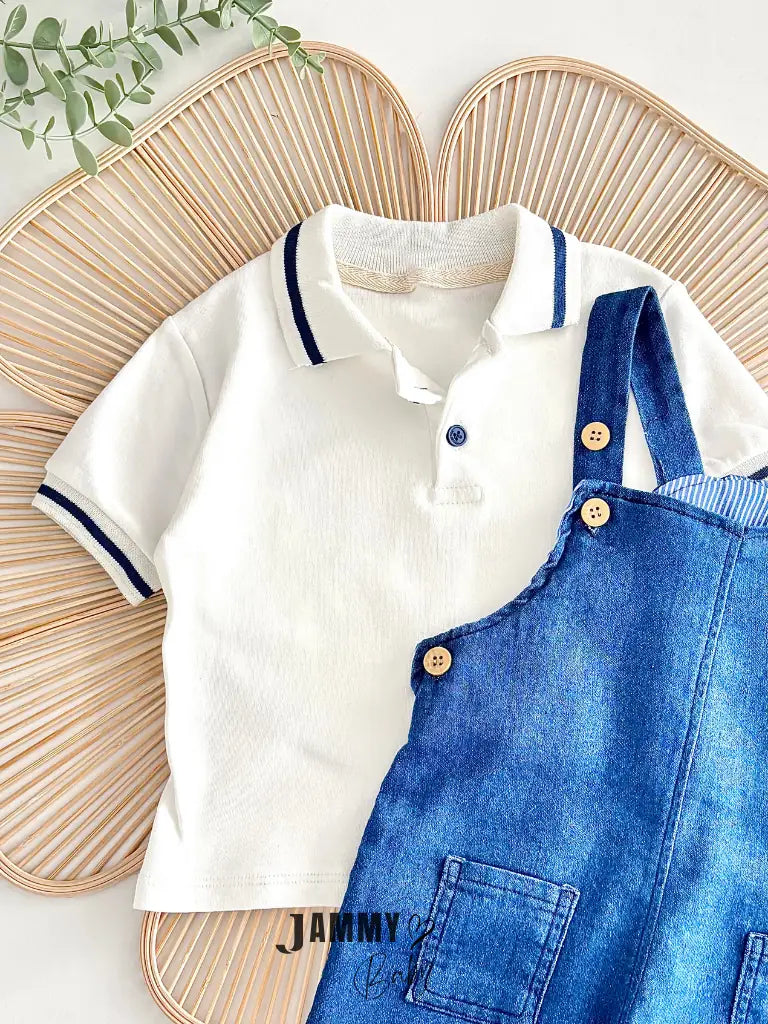 Kelvin Button Detail Denim Overalls & Bodysuit Set - DENIM