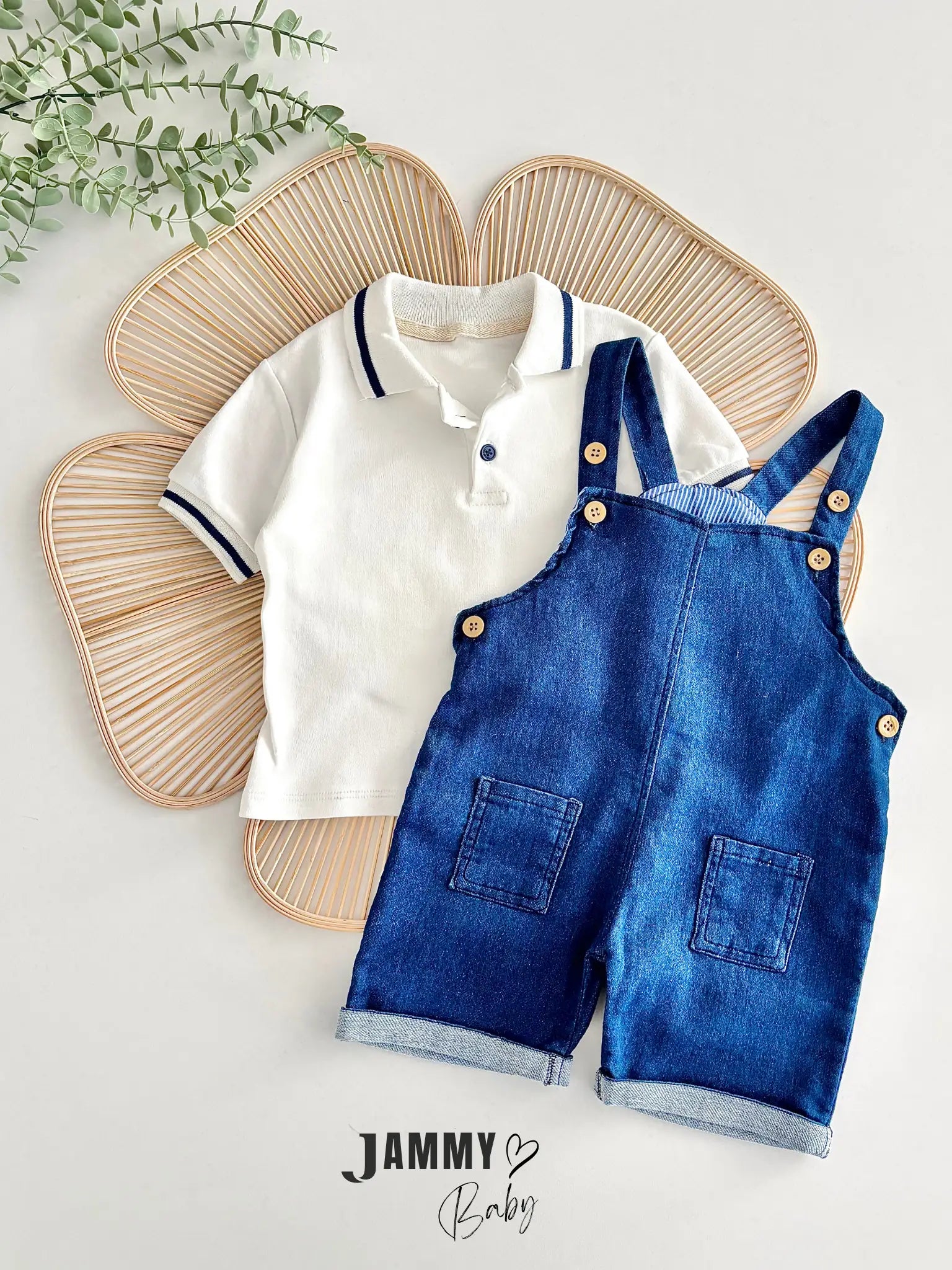 Kelvin Button Detail Denim Overalls & Bodysuit Set - DENIM