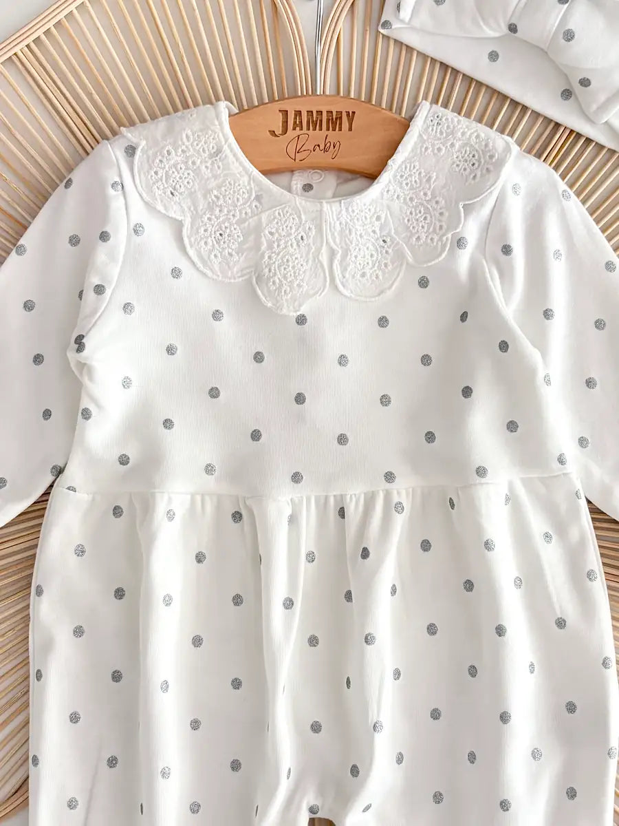 Mais Lace Collar Silver Polka Dot Overall Set with Headband – Ecru