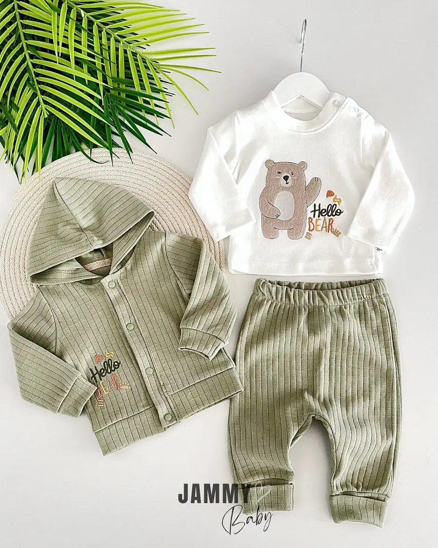 Hello Bear Cardigan 3-Piece Set-Green