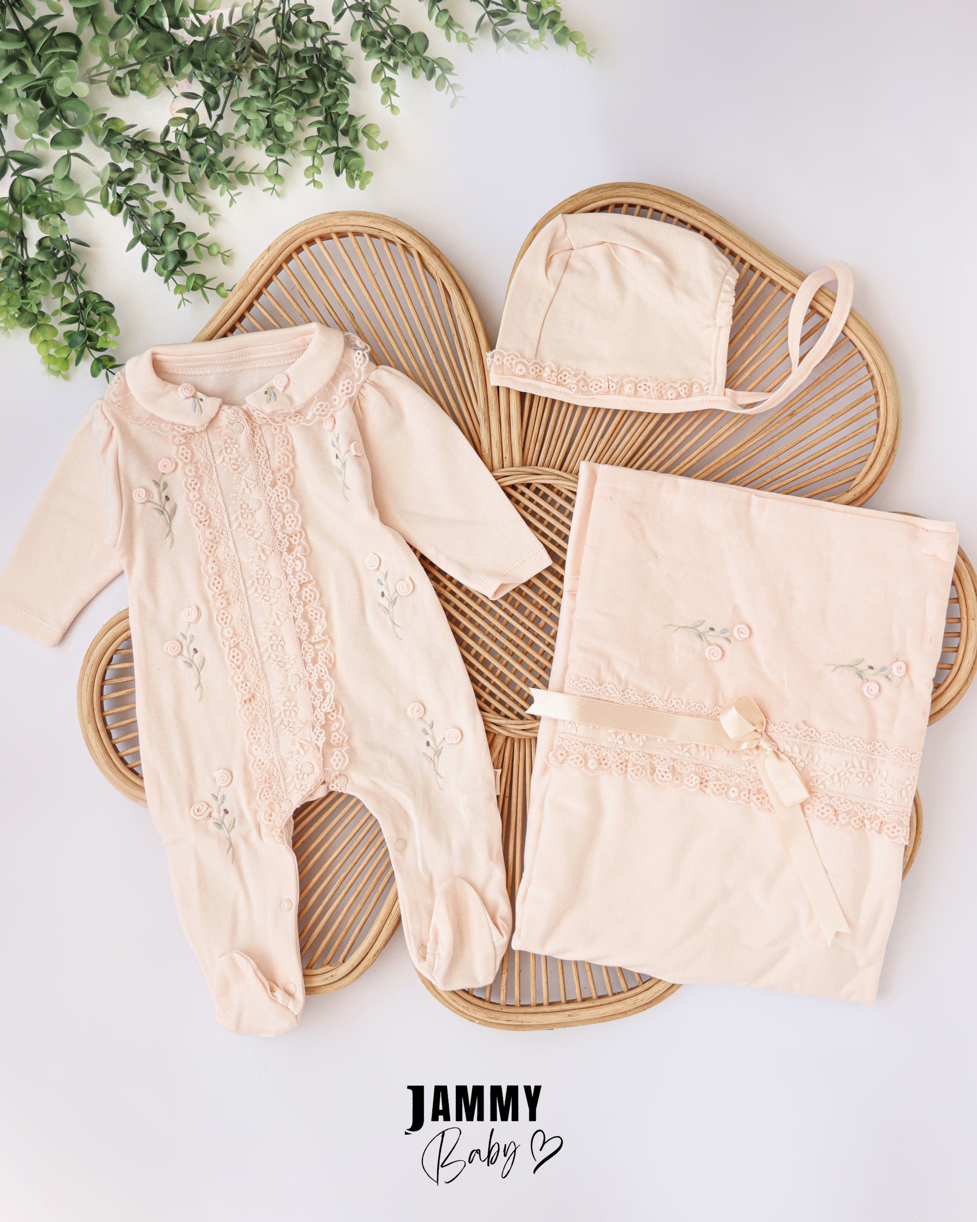 Lace Embroidered Hospital Discharge Set – Soft Peach