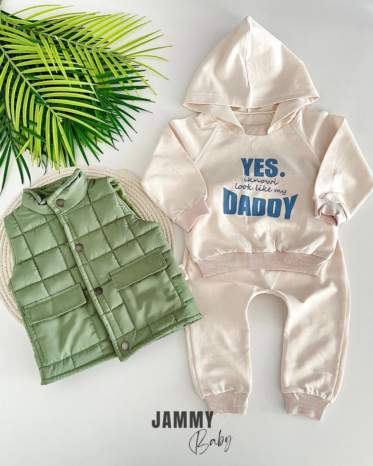 Look Like Puffer Vest 3-Piece Sweat Set-GREEN
