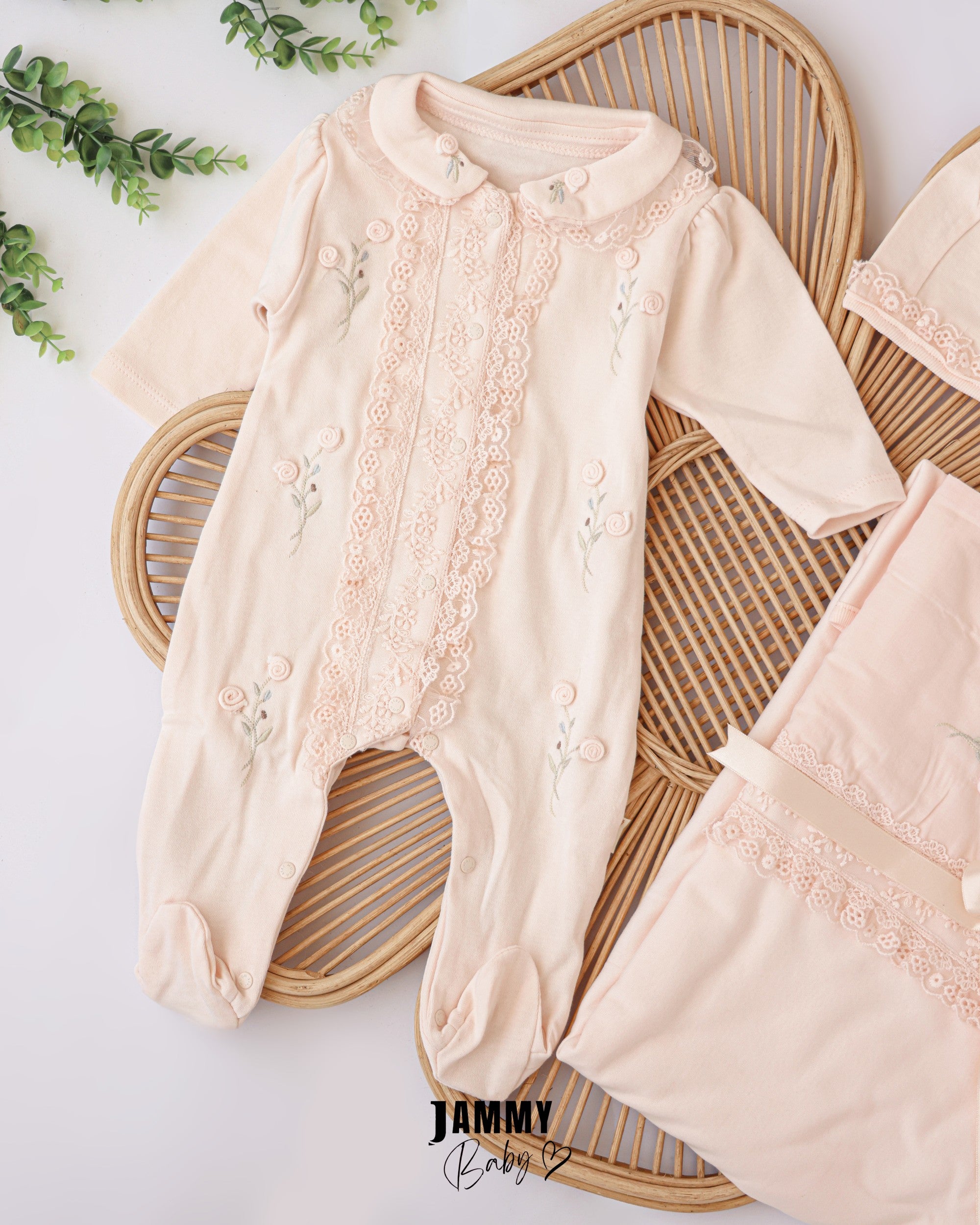 Lace Embroidered Hospital Discharge Set – Soft Peach