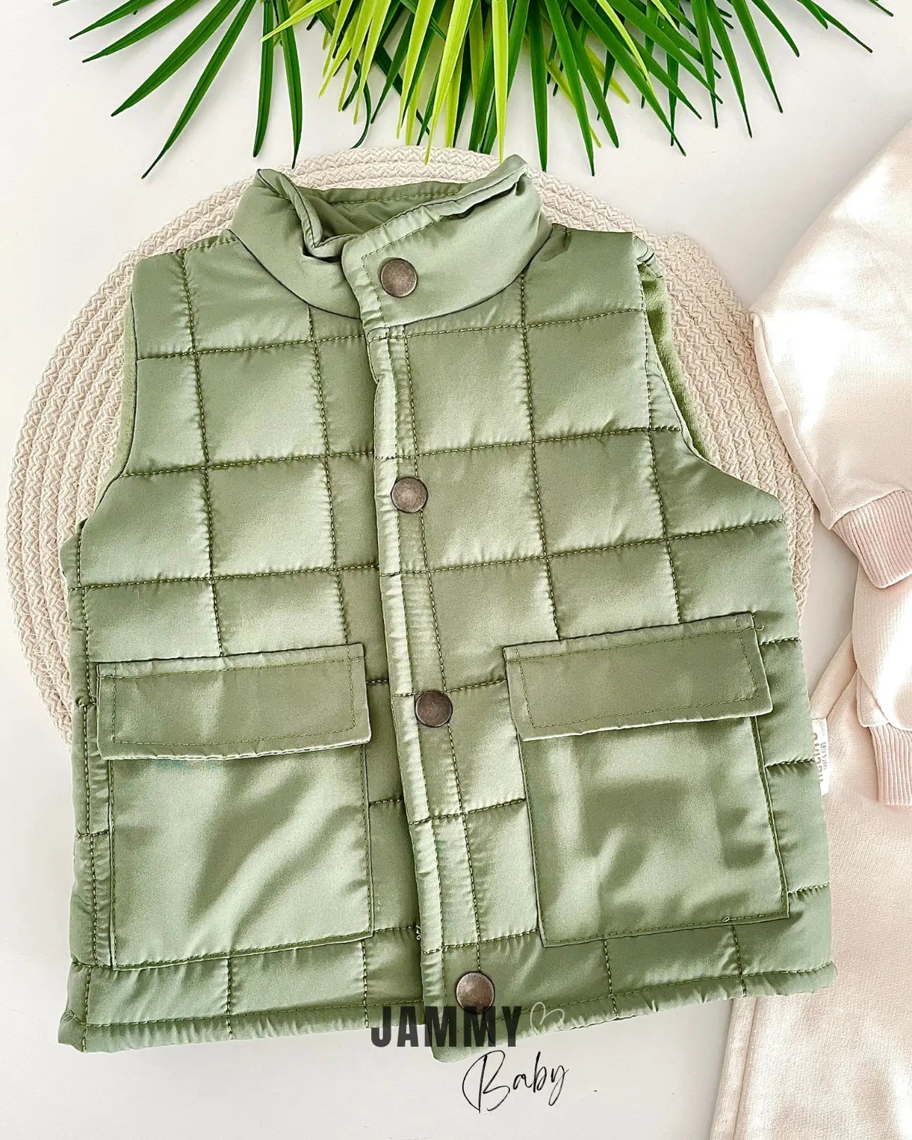 Look Like Puffer Vest 3-Piece Sweat Set-GREEN