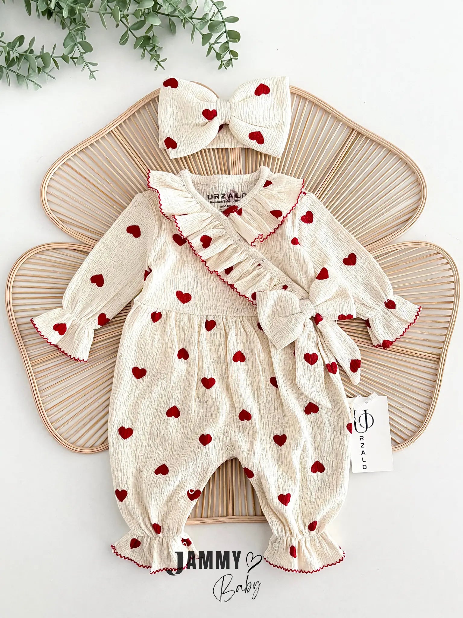 Amore Heart Pattern Crochet Premium Jumpsuit & Bandana Set - RED
