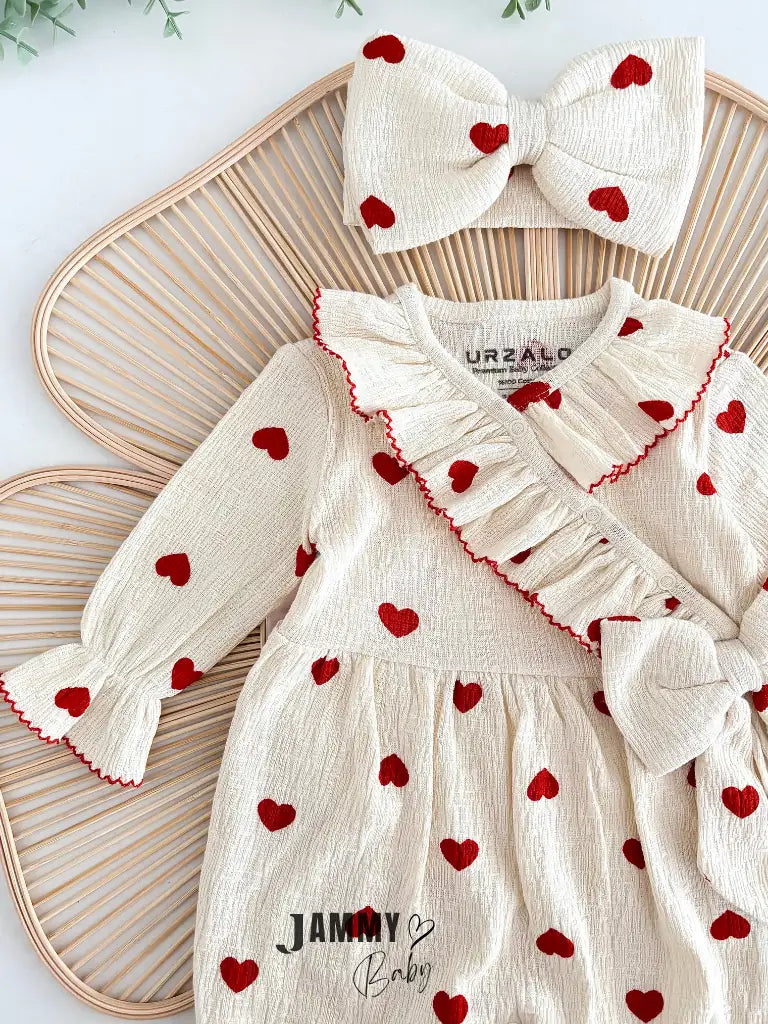 Amore Heart Pattern Crochet Premium Jumpsuit & Bandana Set - RED