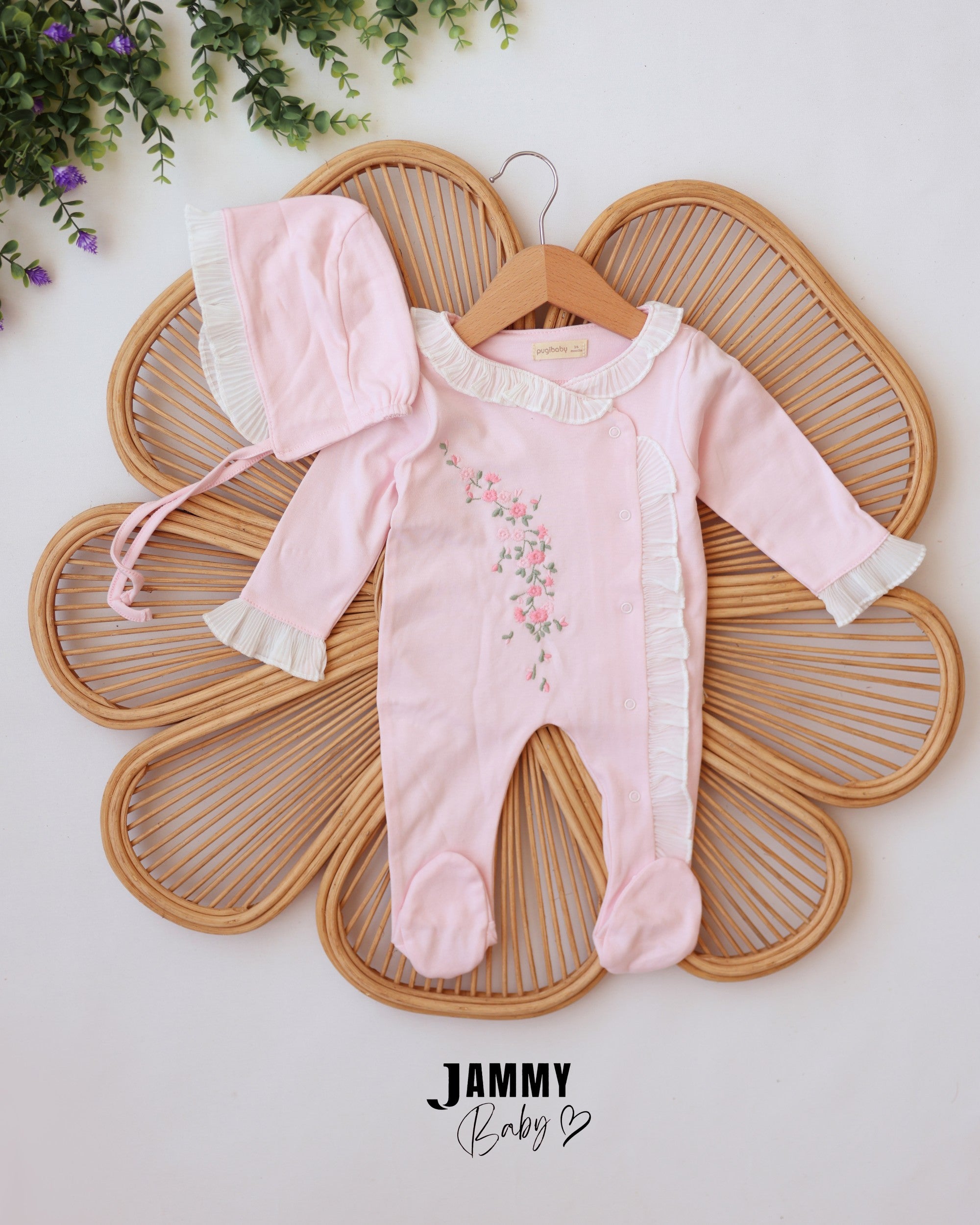 Floral Ruffle Footed Sleepsuit & Bonnet - Baby Pink