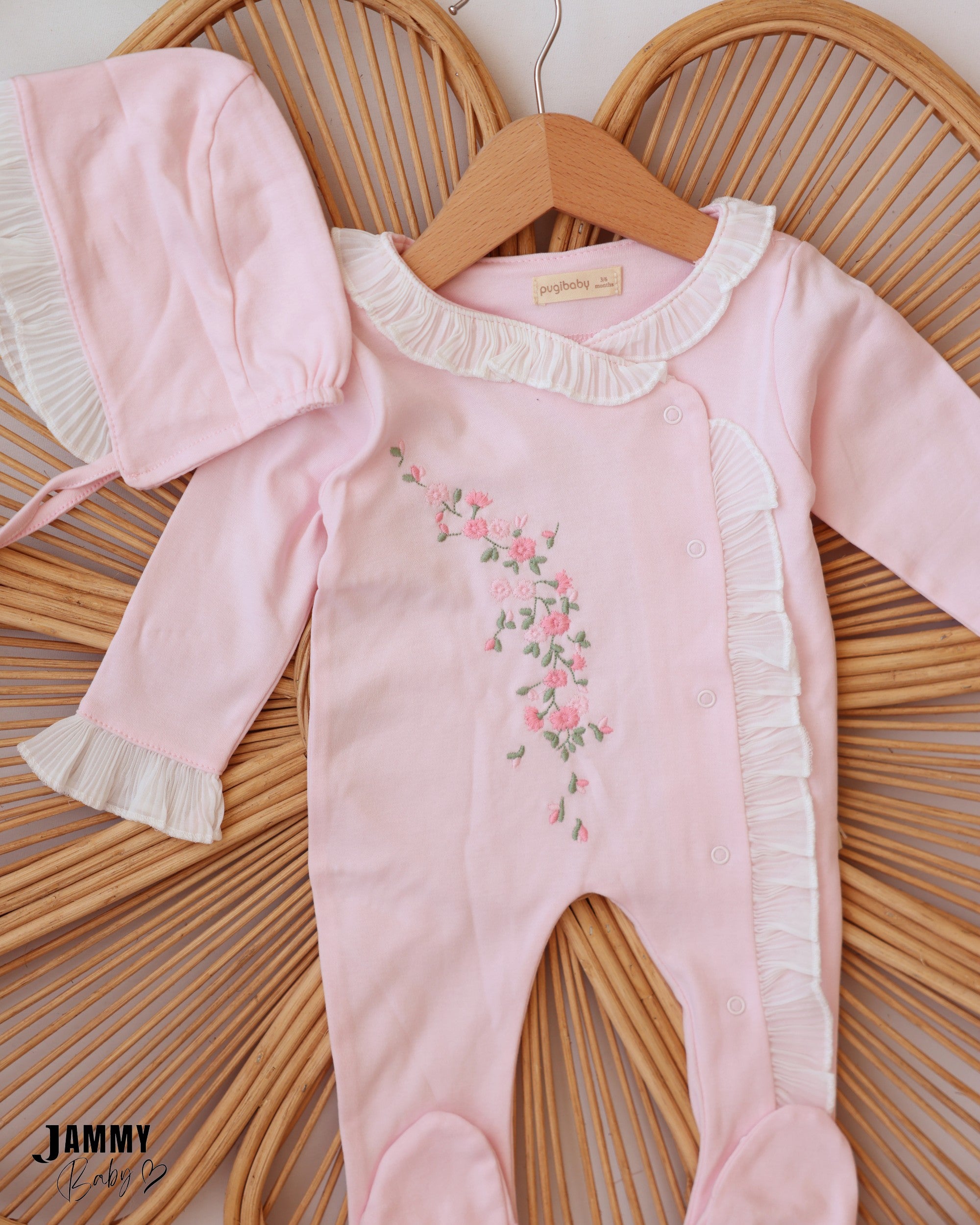 Floral Ruffle Footed Sleepsuit & Bonnet - Baby Pink