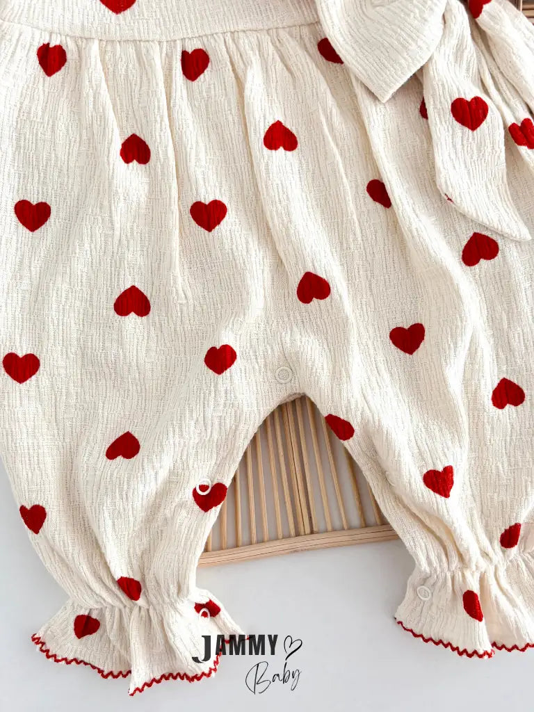 Amore Heart Pattern Crochet Premium Jumpsuit & Bandana Set - RED
