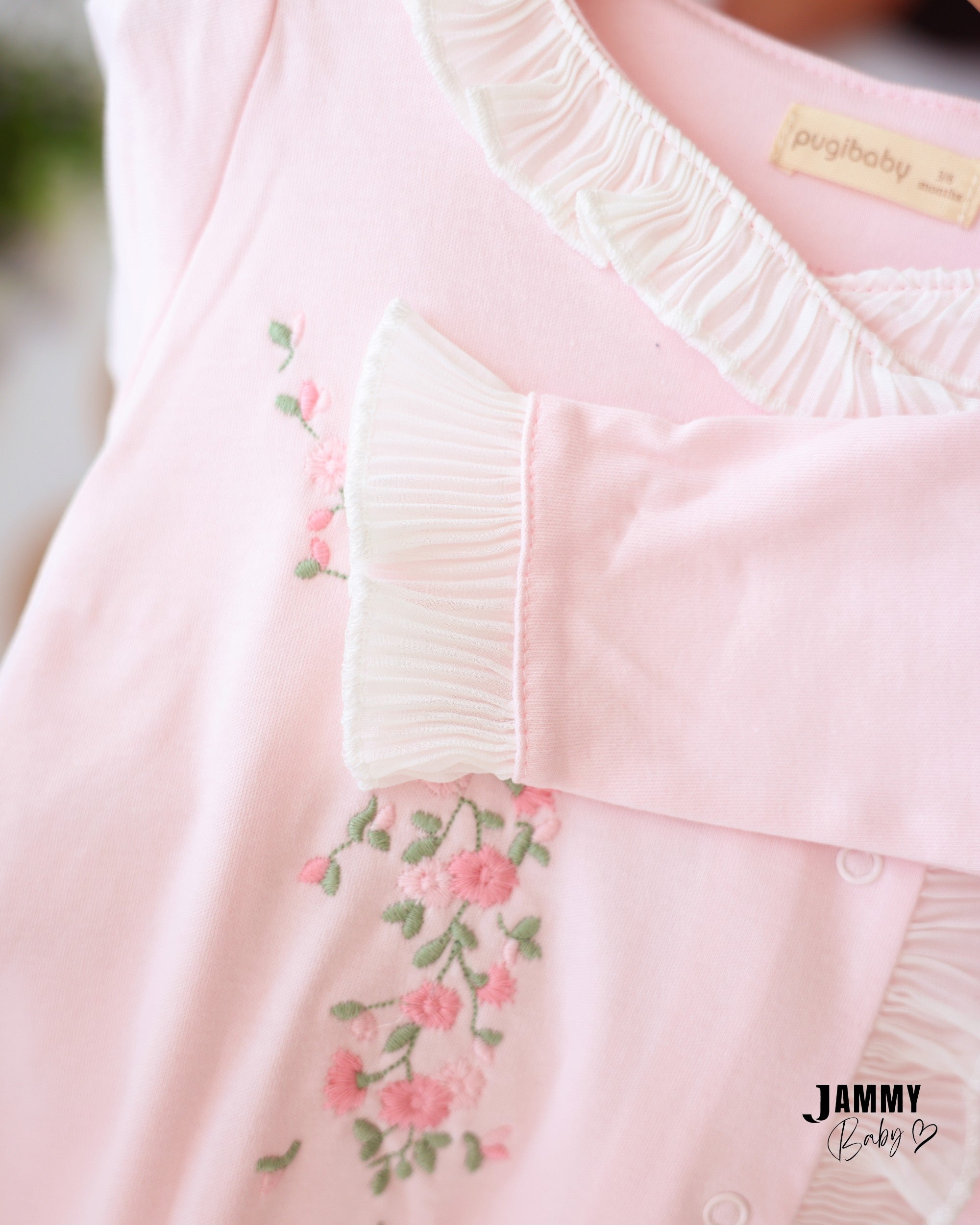 Floral Ruffle Footed Sleepsuit & Bonnet - Baby Pink