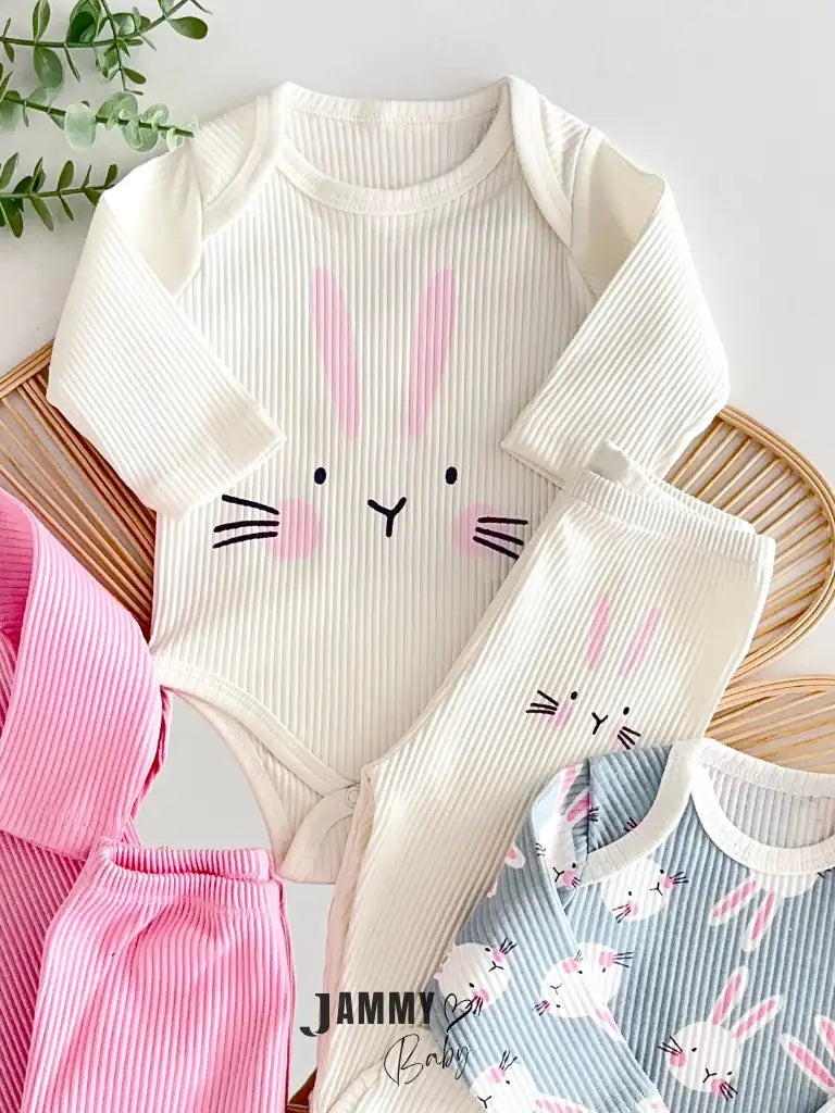 Bunny Print 3 Bodysuits & 3 Pants Set - Pink
