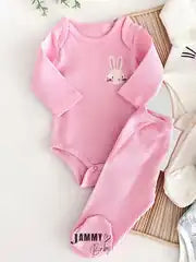 Bunny Print 3 Bodysuits & 3 Pants Set - Pink